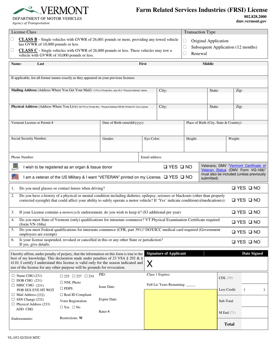 Form VL-052 Farm Related Services Industries (Frsi) License - Vermont, Page 1
