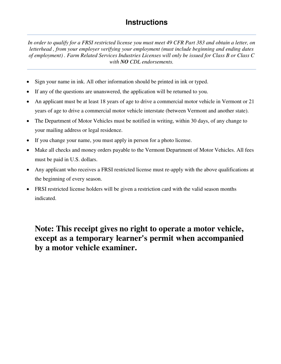 Form VL-052 Farm Related Services Industries (Frsi) License - Vermont, Page 2