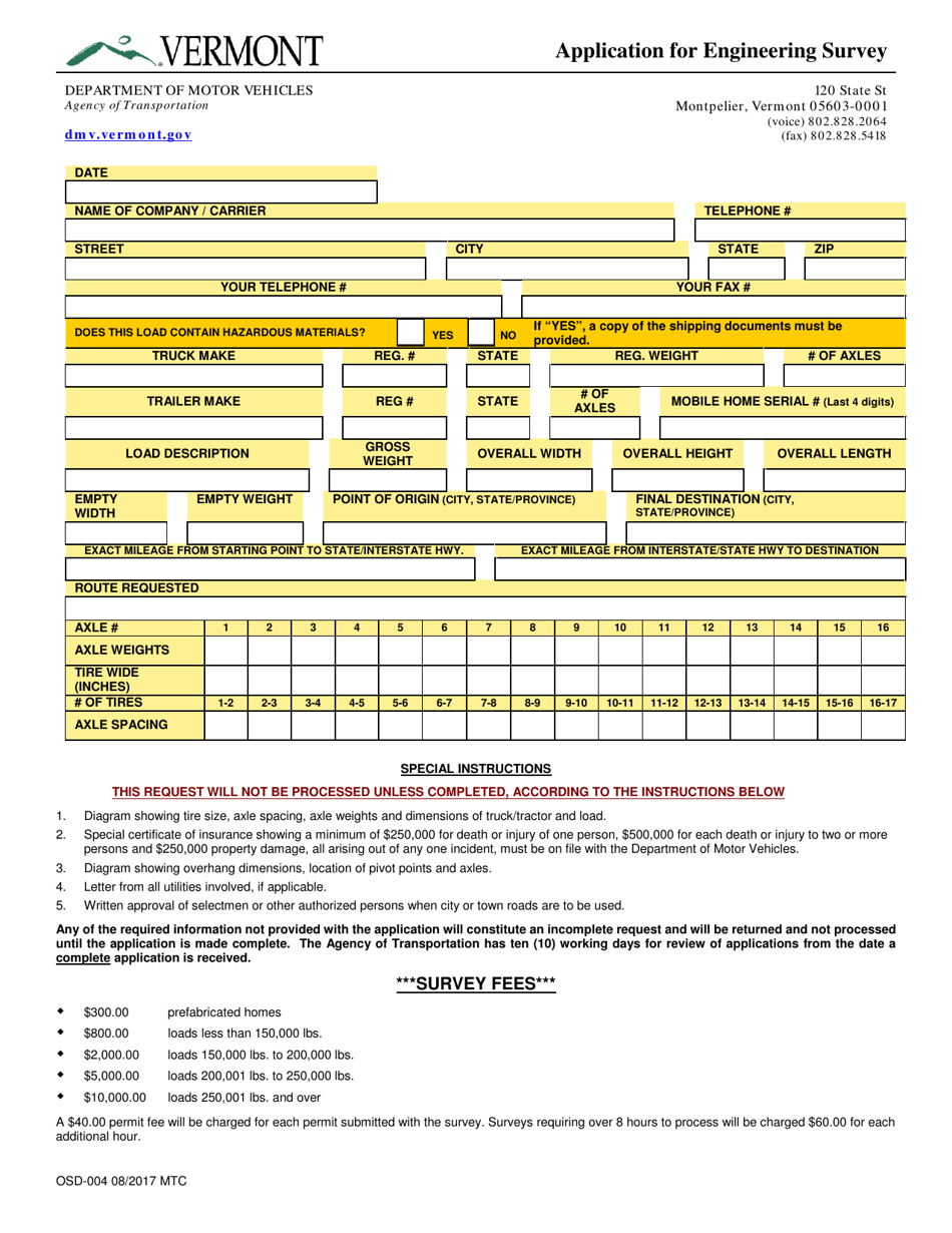 Form OSD-004 Application for Engineering Survey - Vermont, Page 1