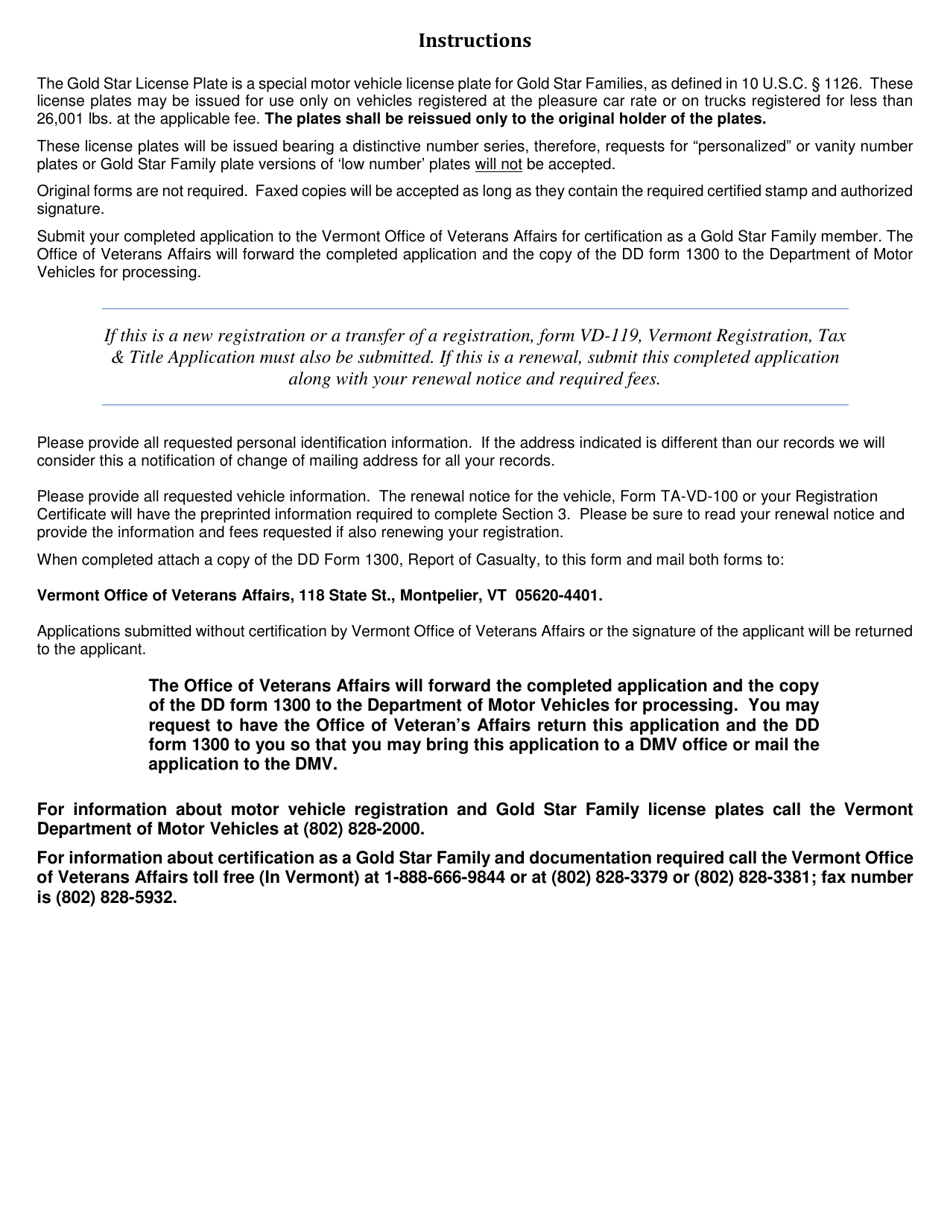 Form VD-157 Gold Star Family License Plate - Vermont, Page 2