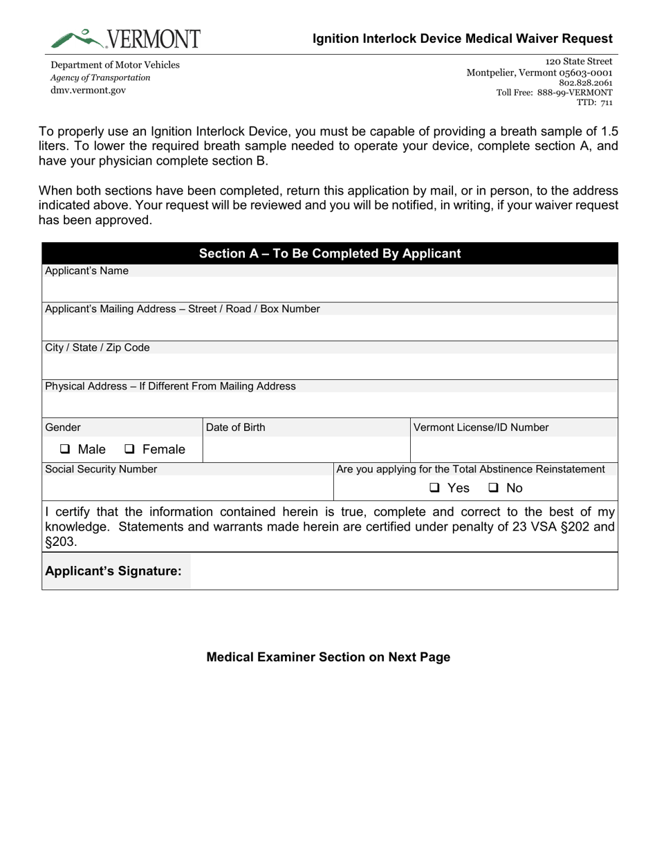 Form VL-097 Ignition Interlock Device Medical Waiver Request - Vermont, Page 1