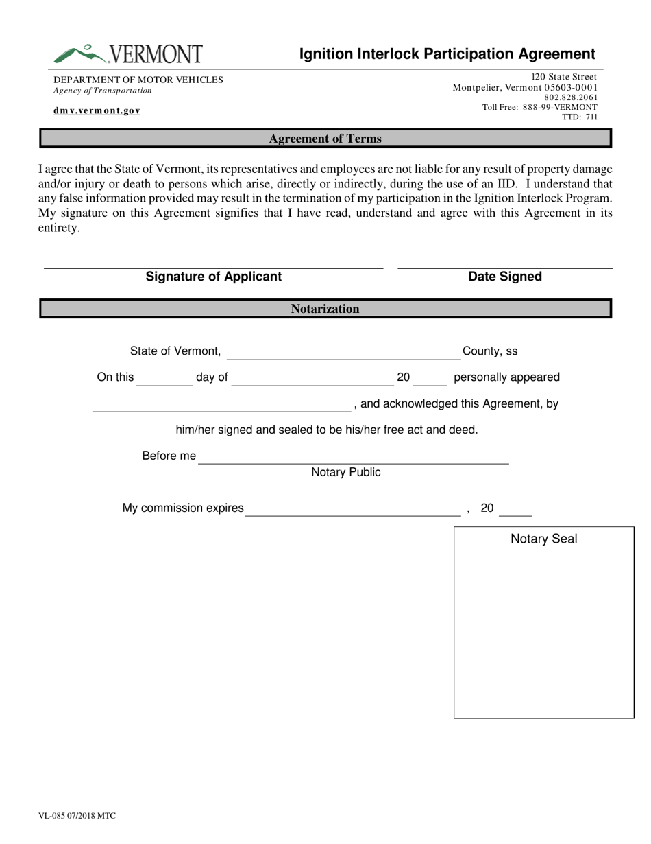 Form VL-085 Ignition Interlock Participation Agreement - Vermont, Page 4