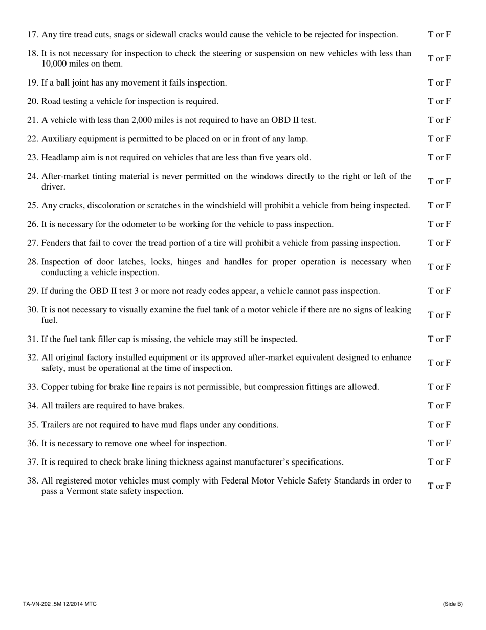 Form TA-VN-202 Inspection Mechanic Certification Examination for Cars and Trucks - Vermont, Page 2