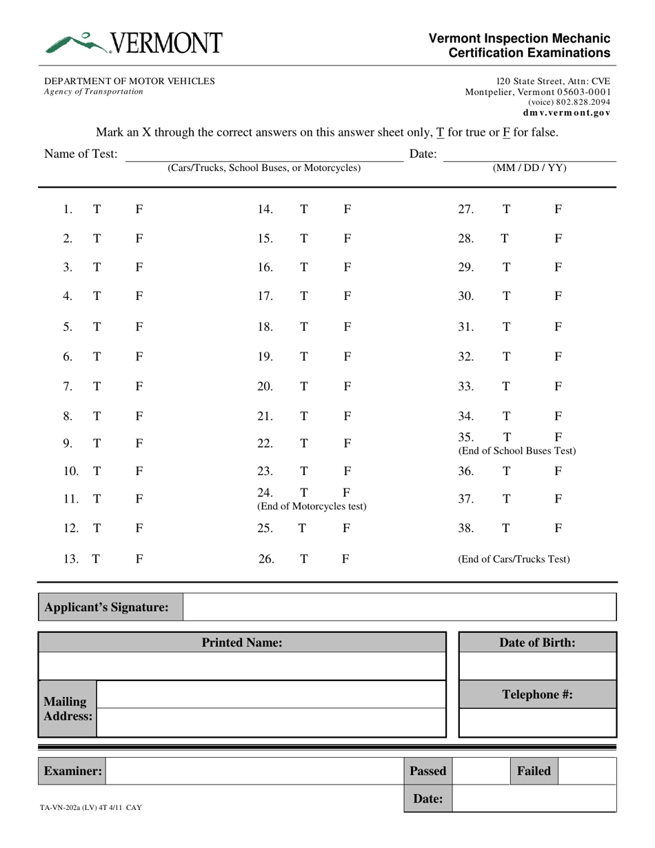Form TA-VN-202A Inspection Mechanic Certification Examinations - Vermont, Page 1