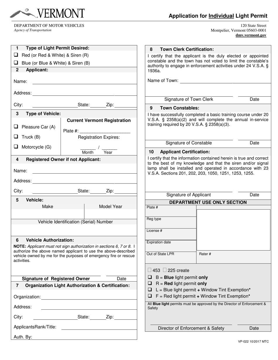 Form VP-022 Application for Individual Light Permit - Vermont, Page 1