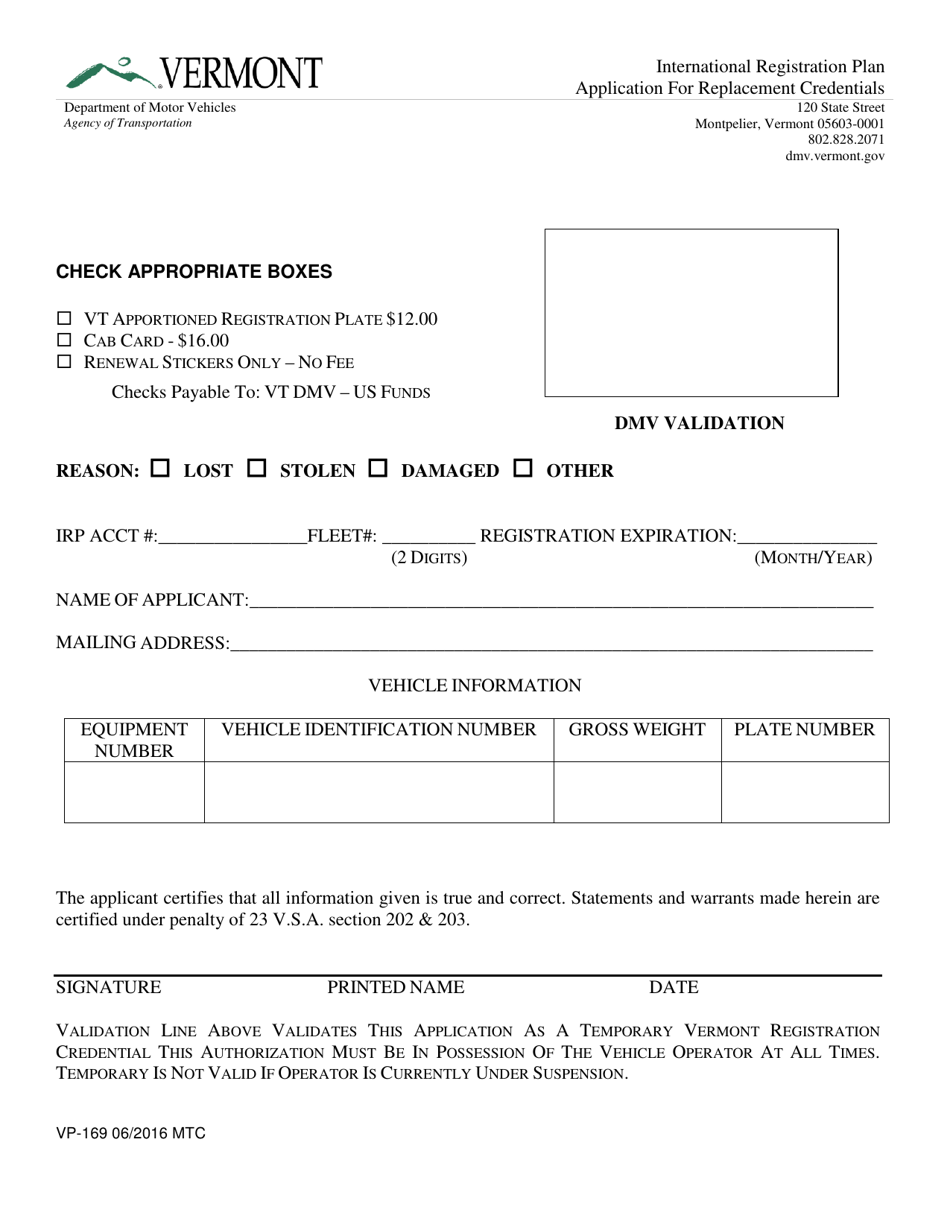 Form VP-169 Application for Replacement Credentials - International Registration Plan - Vermont, Page 1