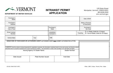 Form VD-032 Intransit Permit Application - Vermont