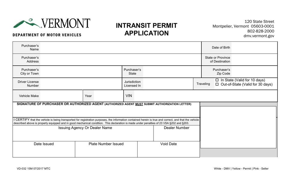 Form VD-032 Intransit Permit Application - Vermont, Page 1