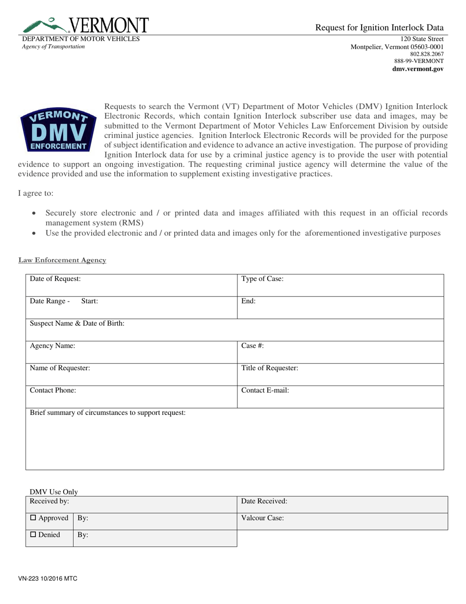 Form VN223 Download Fillable PDF or Fill Online Request for Ignition