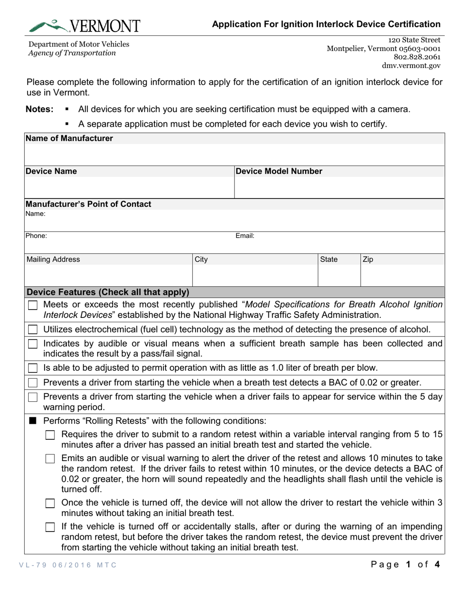 Form VL-79 Application for Ignition Interlock Device Certification - Vermont, Page 1