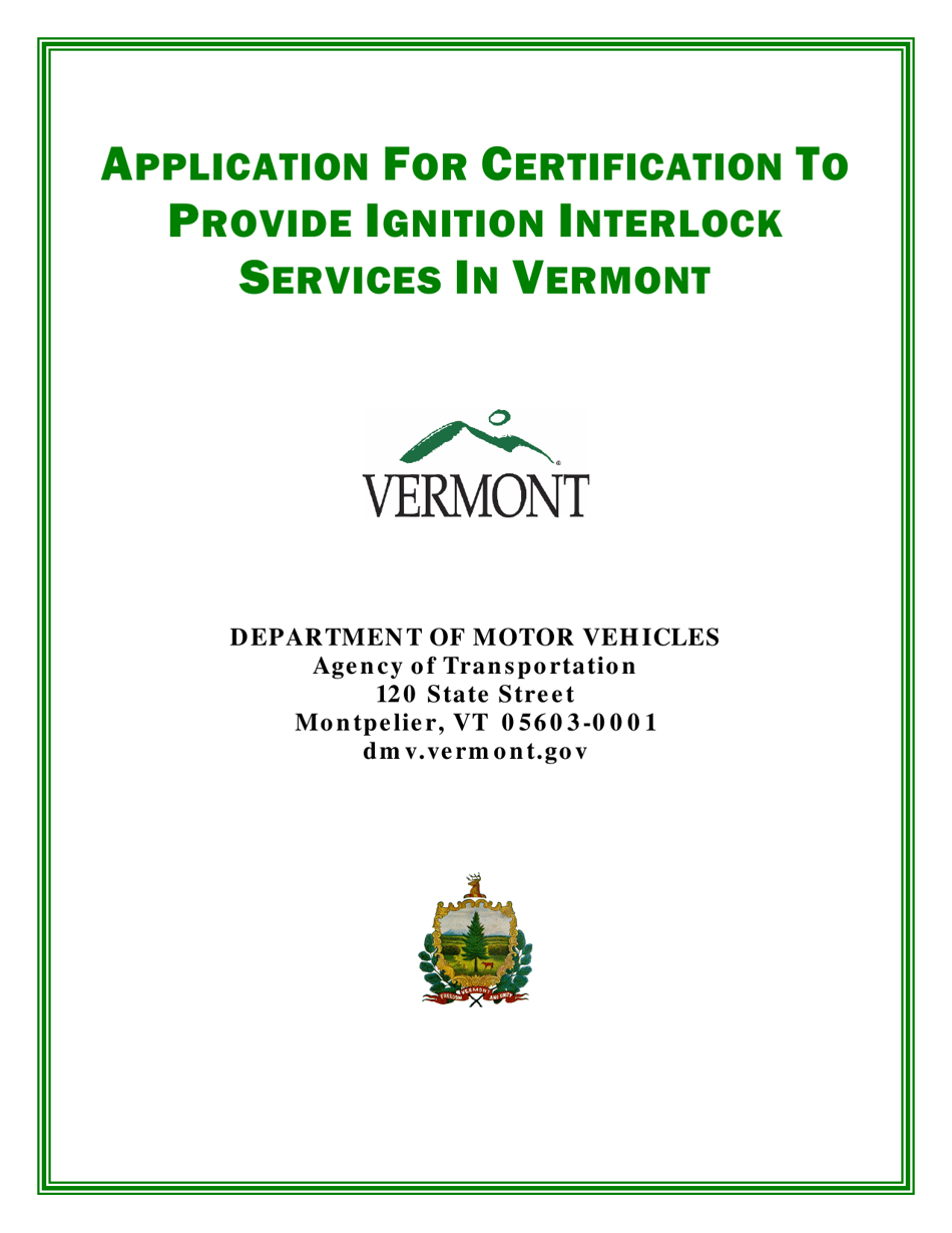 Form VL-078 Application for Certification to Provide Ignition Interlock Services in Vermont - Vermont, Page 1