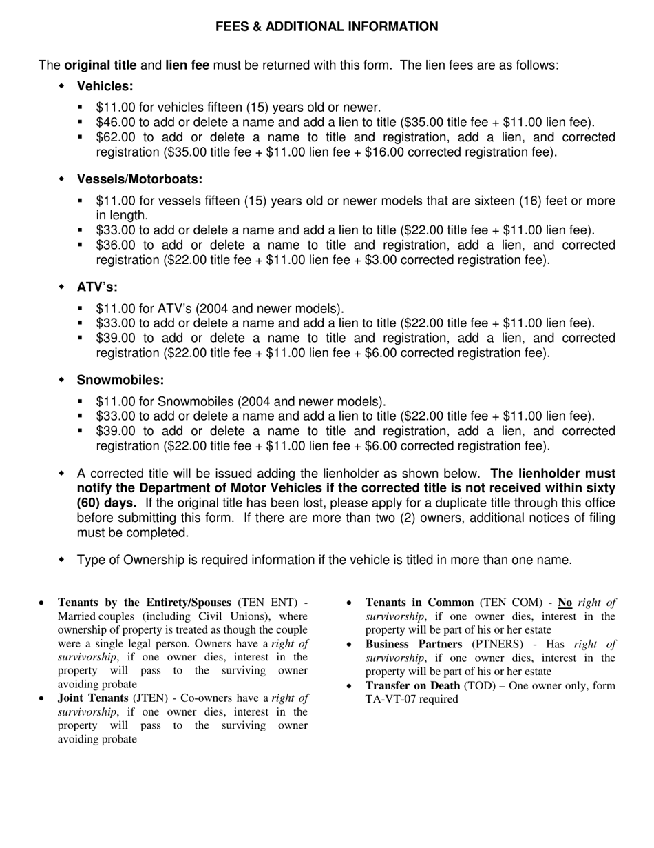 Form VT-19 Title Changes / Adding a Lien - Vermont, Page 2