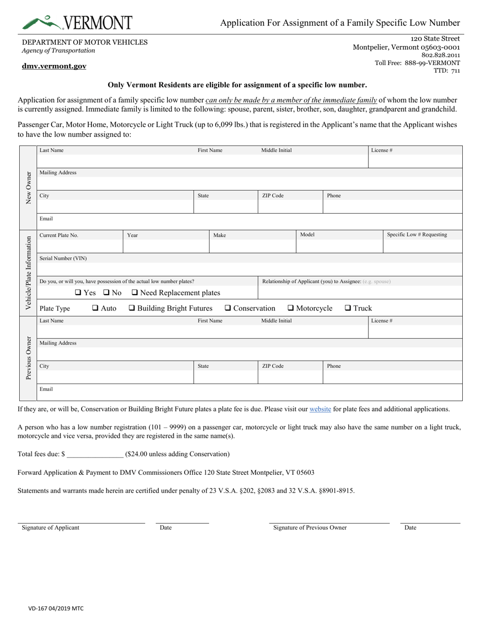 Form VD-167 Application for Assignment of a Family Specific Low Number - Vermont, Page 1