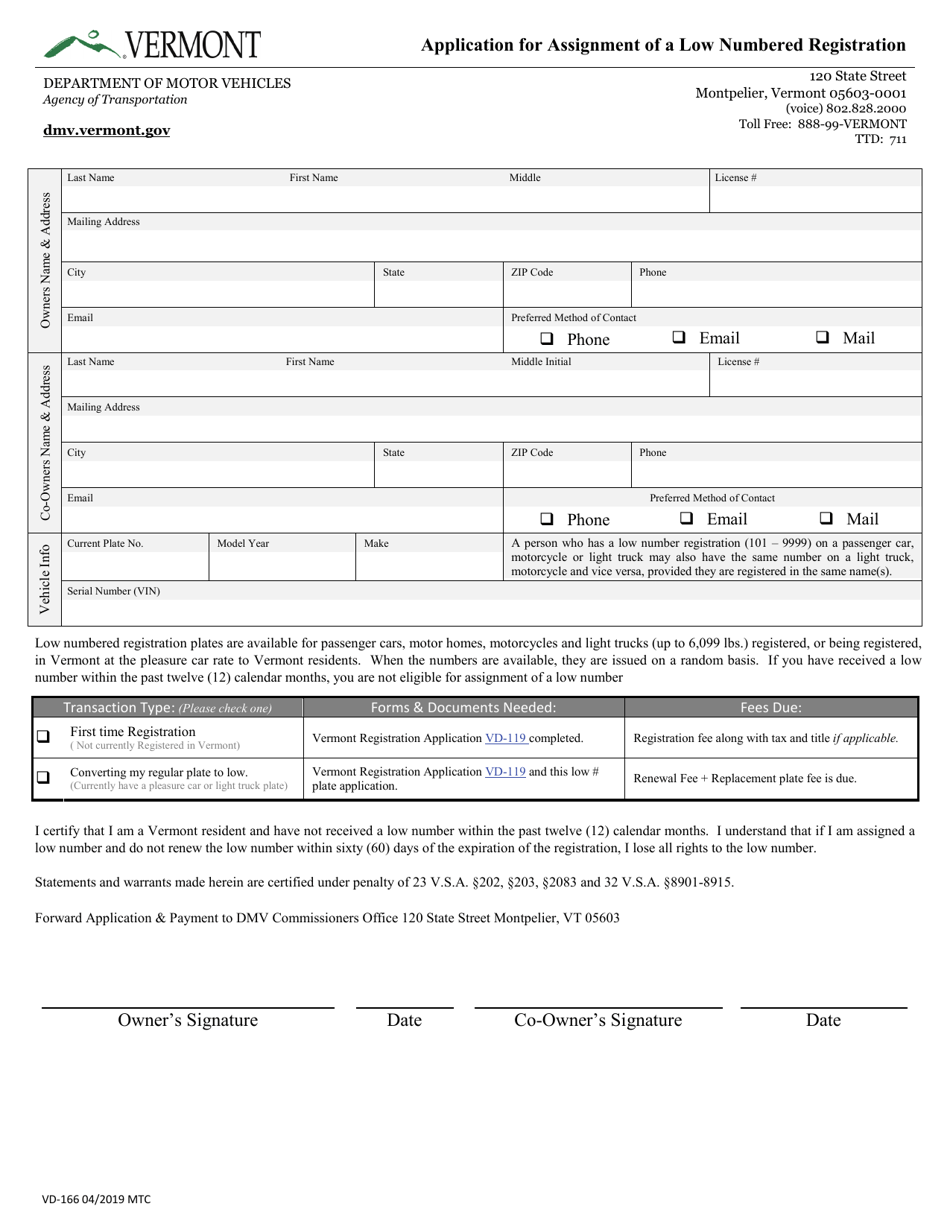 Form VD-166 Application for Assignment of a Low Numbered Registration - Vermont, Page 1