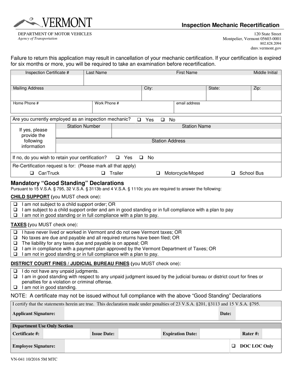 Form VN-041 Inspection Mechanic Recertification - Vermont, Page 1