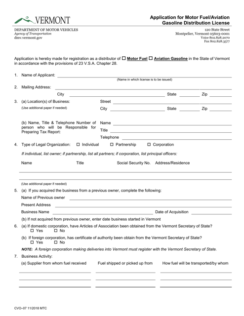 Form CVO-07 Application for Motor Fuel/Aviation Gasoline Distribution License - Vermont