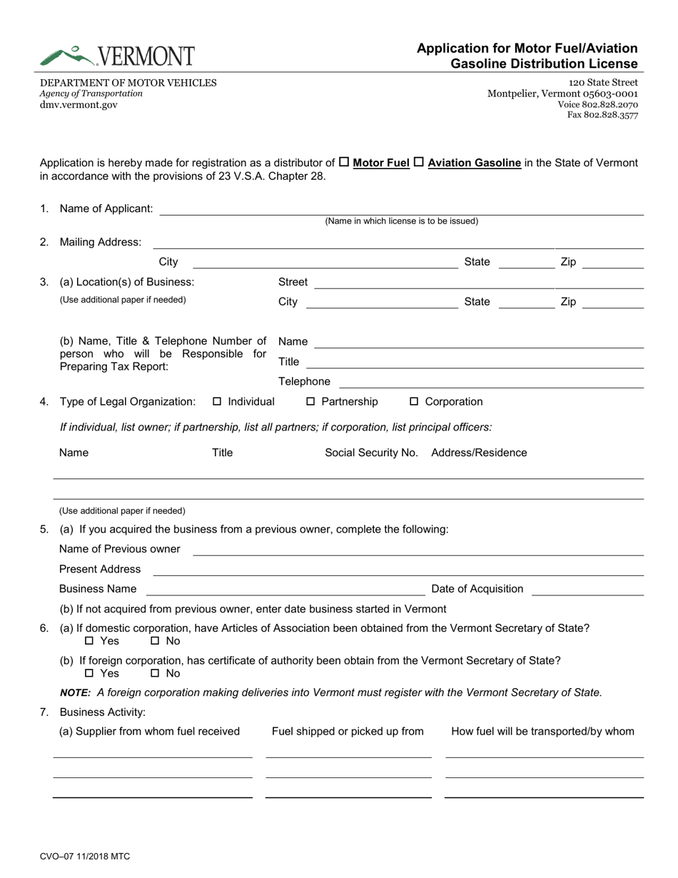 Form CVO-07 Application for Motor Fuel / Aviation Gasoline Distribution License - Vermont, Page 1