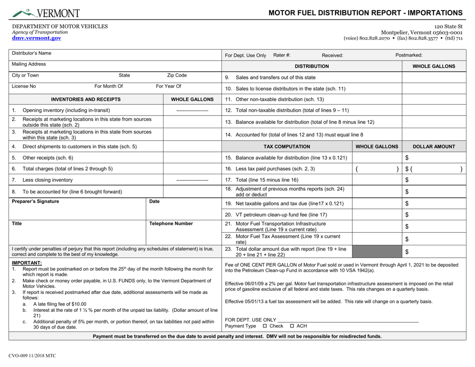 Form CVO-009 Motor Fuel Distribution Report - Importations - Vermont, Page 1