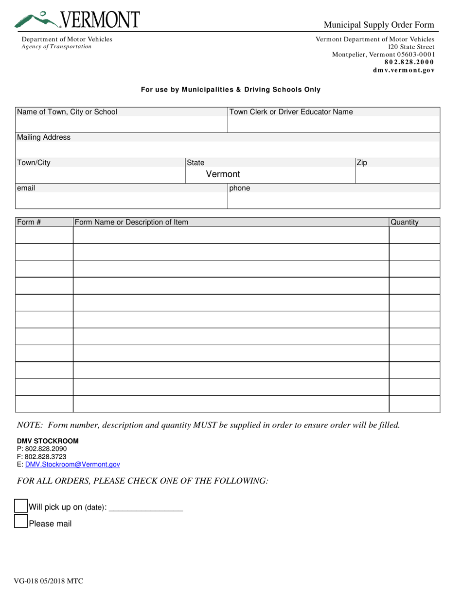 Form VG-018 Municipal Supply Order Form - Vermont, Page 1
