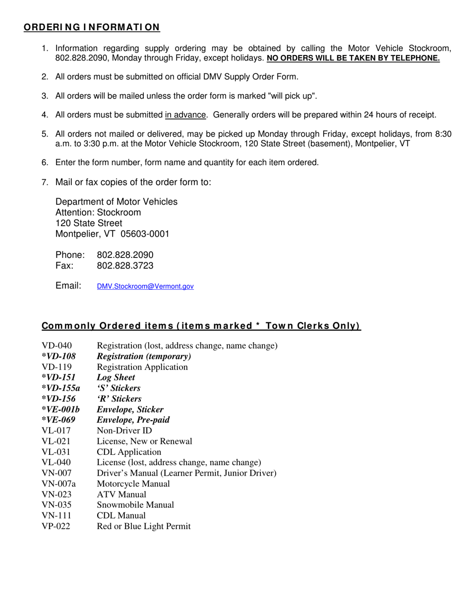 Form VG-018 Municipal Supply Order Form - Vermont, Page 2
