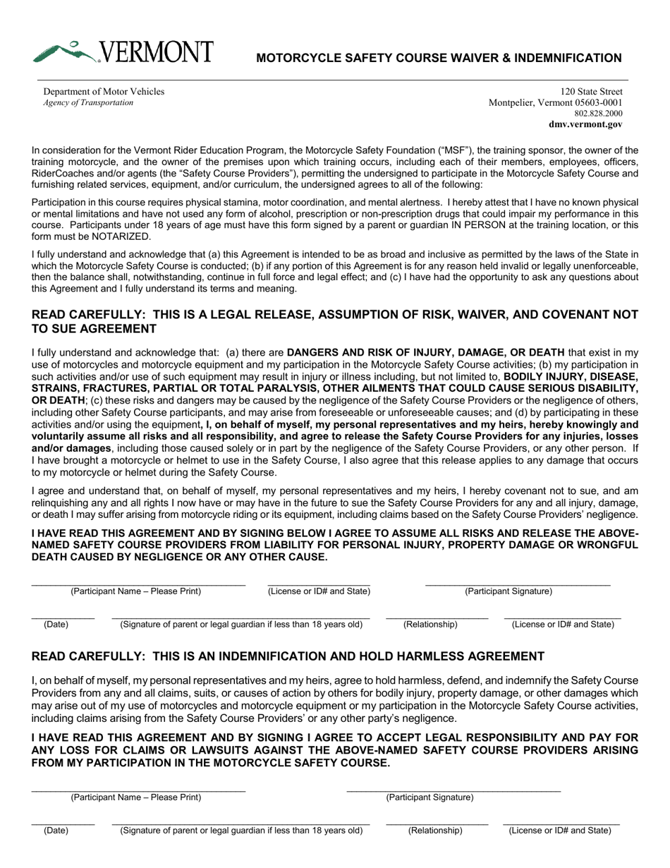 Form VN-178 Motorcycle Safety Course Waiver  Indemnification - Vermont, Page 1