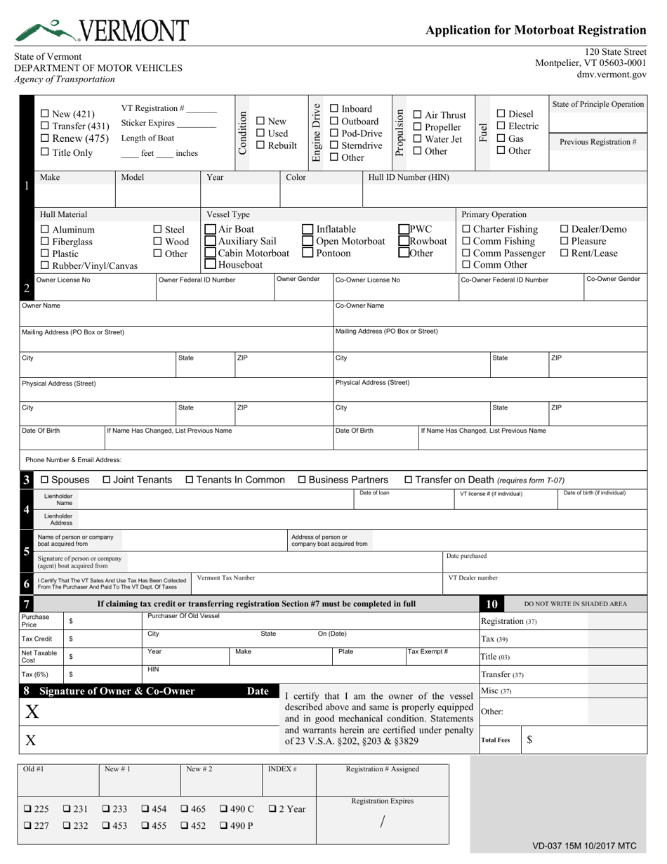 VT Form VD-037 Application for Motorboat Registration - Vermont, Page 1