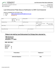 Document preview: Form VD-023 Law Enforcement Plate Seizure Notification to DMV Commissioner - Vermont