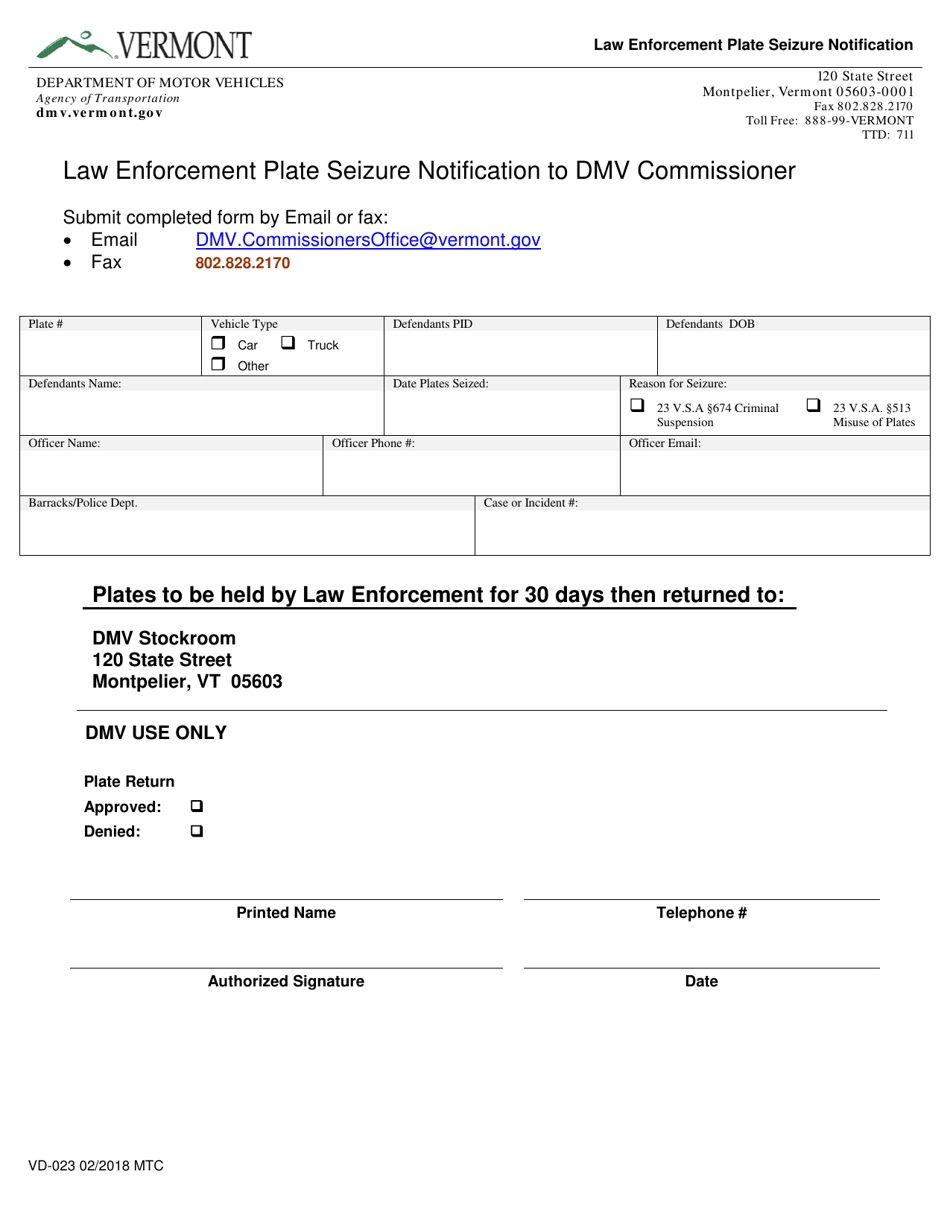 Form VD-023 Law Enforcement Plate Seizure Notification to DMV Commissioner - Vermont, Page 1