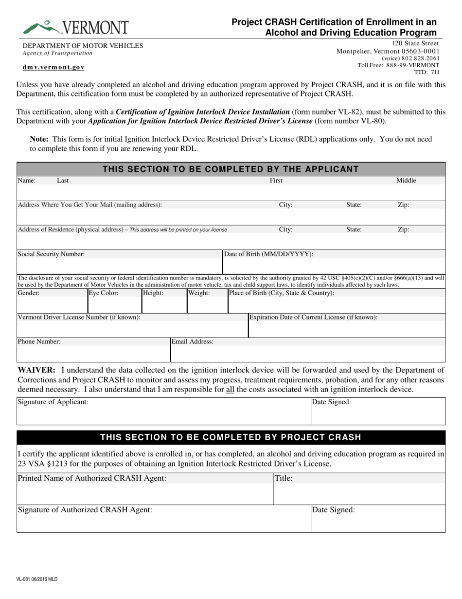 Form VL-081 Project Crash Certification of Enrollment in an Alcohol and Driving Education Program - Vermont, Page 1