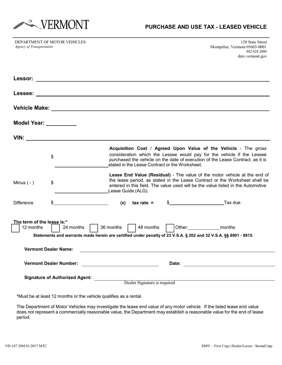 Form VD-147 Purchase and Use Tax - Leased Vehicle - Vermont, Page 1