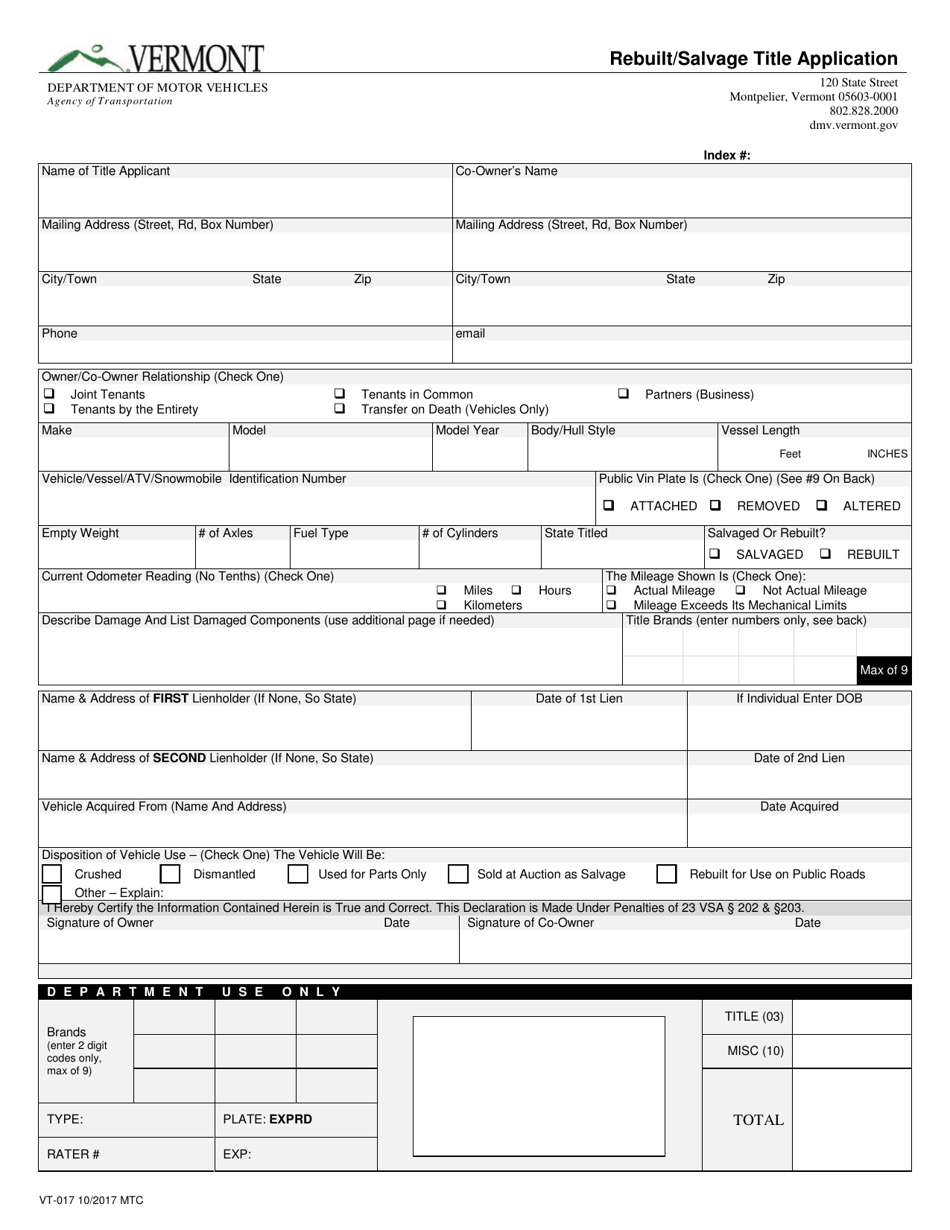 Form VT-017 Rebuilt / Salvage Title Application - Vermont, Page 1