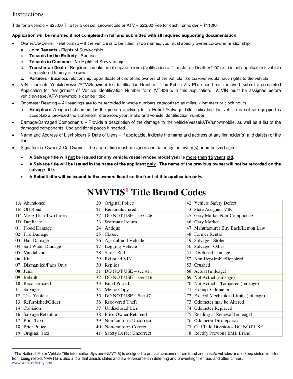 Form VT-017 Rebuilt / Salvage Title Application - Vermont, Page 2