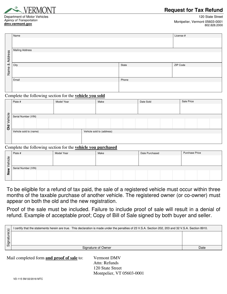 Form VD-115 Request for Tax Refund - Vermont, Page 1