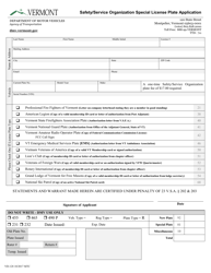 Form VD-128 Safety/Service Organization Special License Plate Application - Vermont