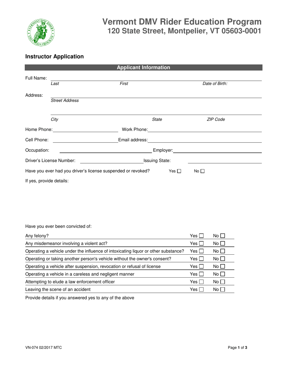 Form VN-074 Rider Coach Candidate Application - Vermont, Page 1