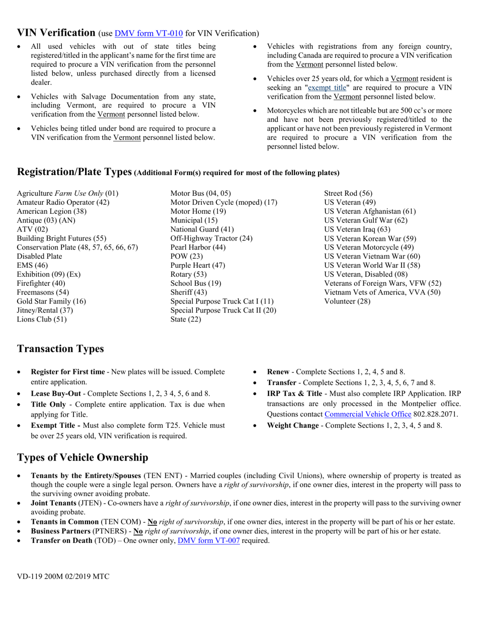 Form VD-119 Registration Tax  Title Application - Vermont, Page 3