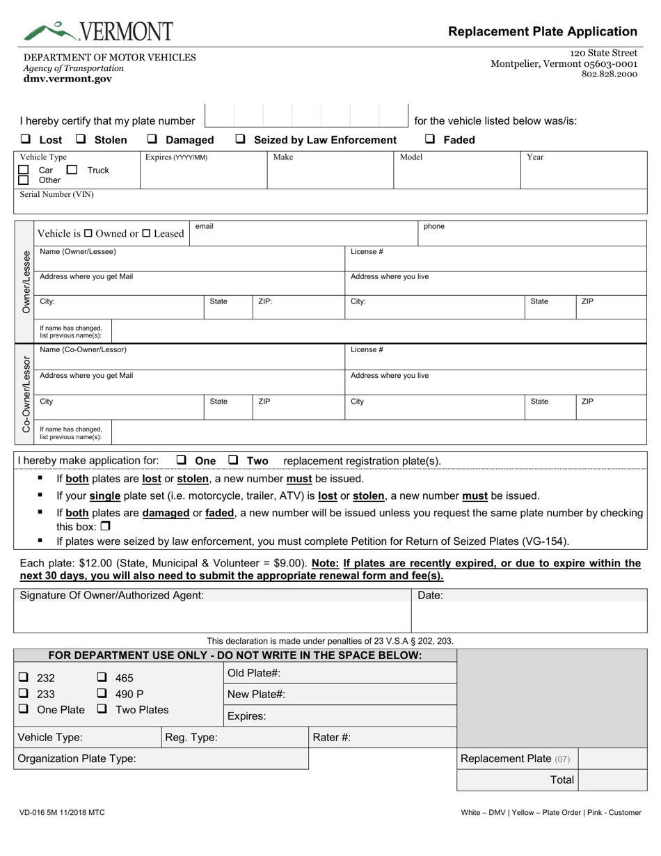 Form VD-016 Replacement Plate Application - Vermont, Page 1
