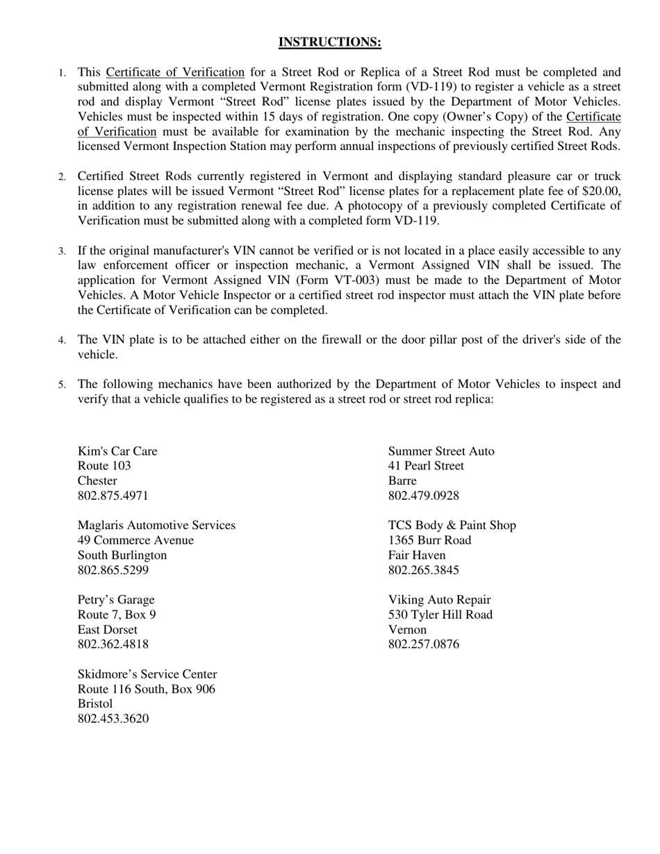 Form VN-086 Certificate of Verification for Street Rod - Vermont, Page 2