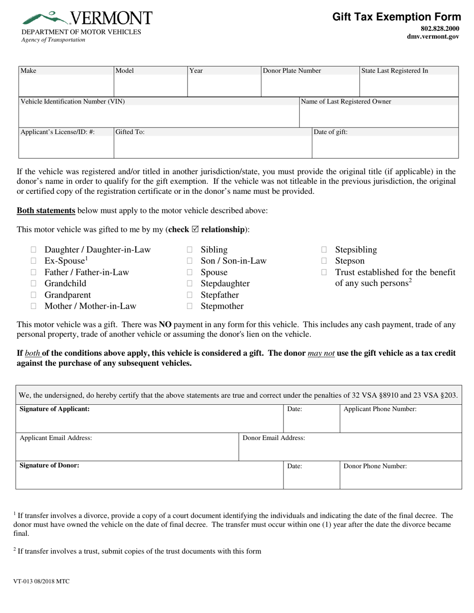 Form VT-013 Gift Tax Exemption Form - Vermont, Page 1