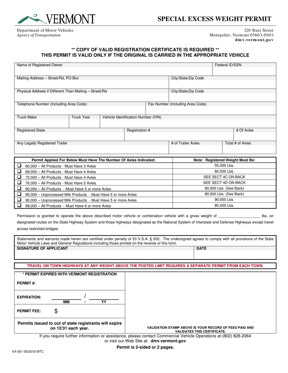 Form VX-001 Special Excess Weight Permit - Vermont, Page 1