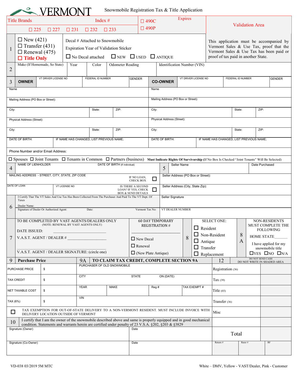 Form VD-038 Snowmobile Registration Tax  Title Application - Vermont, Page 1