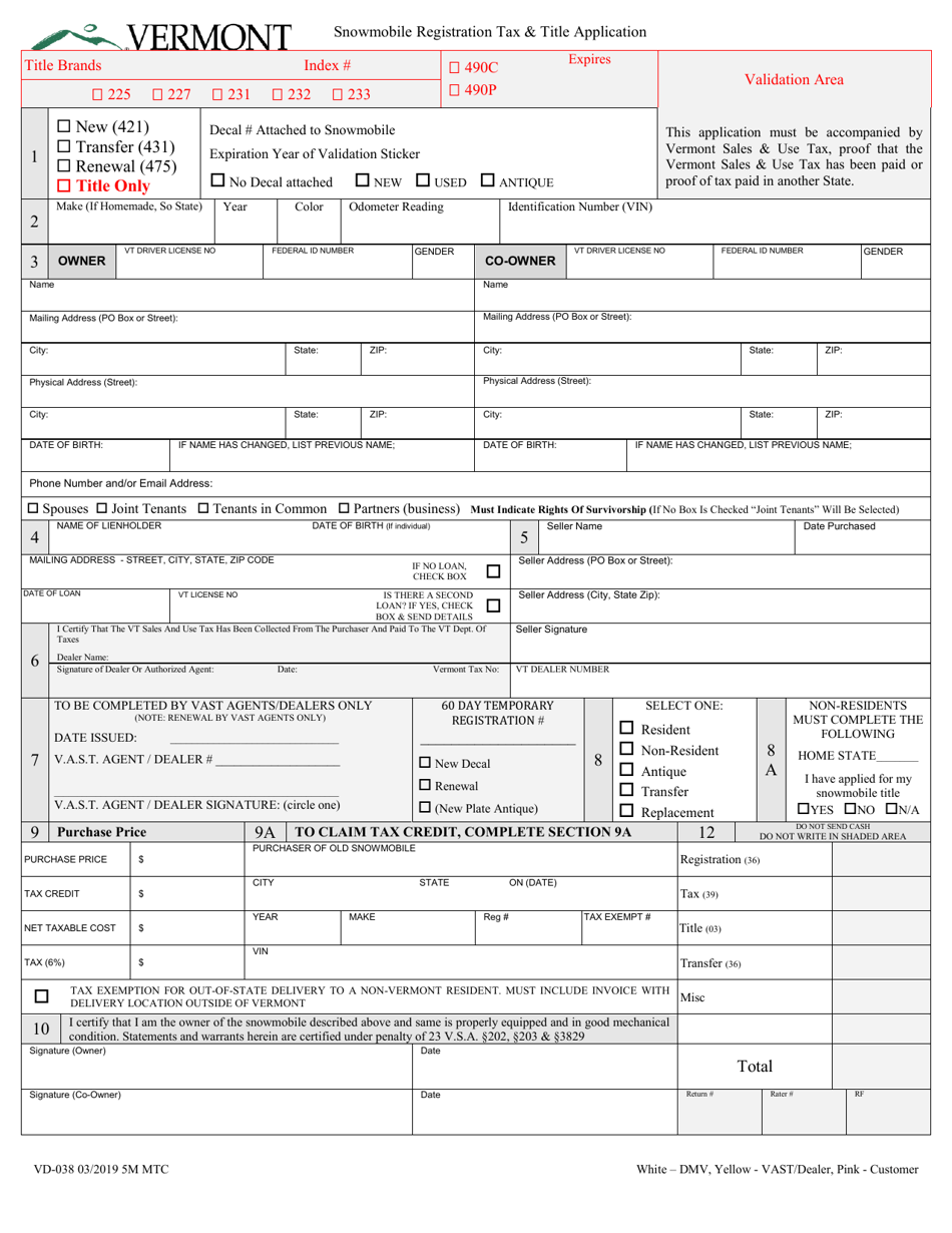 Form VD-038 Snowmobile Registration Tax  Title Application - Vermont, Page 3