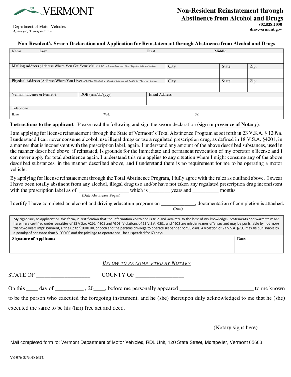 Form VS-076 Non-resident Reinstatement Through Abstinence From Alcohol and Drugs - Vermont, Page 1
