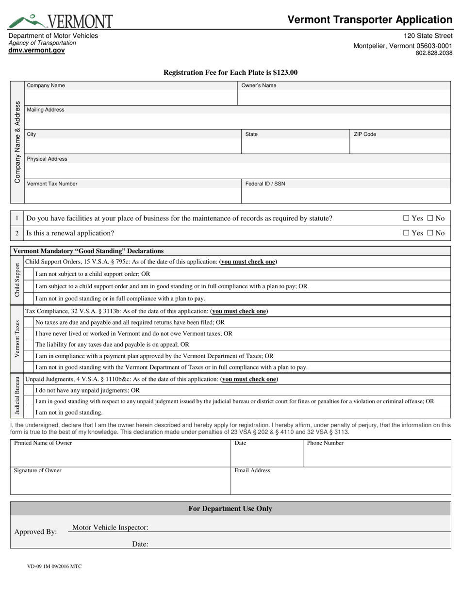 Form VD-09 Vermont Transporter Application - Vermont, Page 1