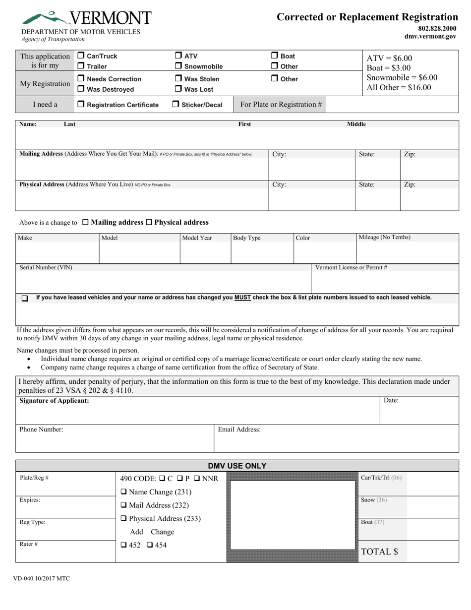 Form VD-040 Corrected or Replacement Registration - Vermont, Page 1