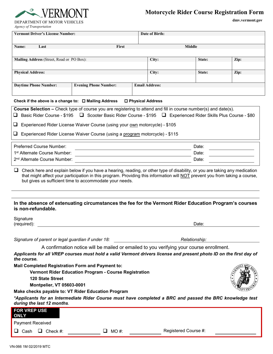 Form VN-066 Motorcycle Rider Course Registration Form - Vermont, Page 1