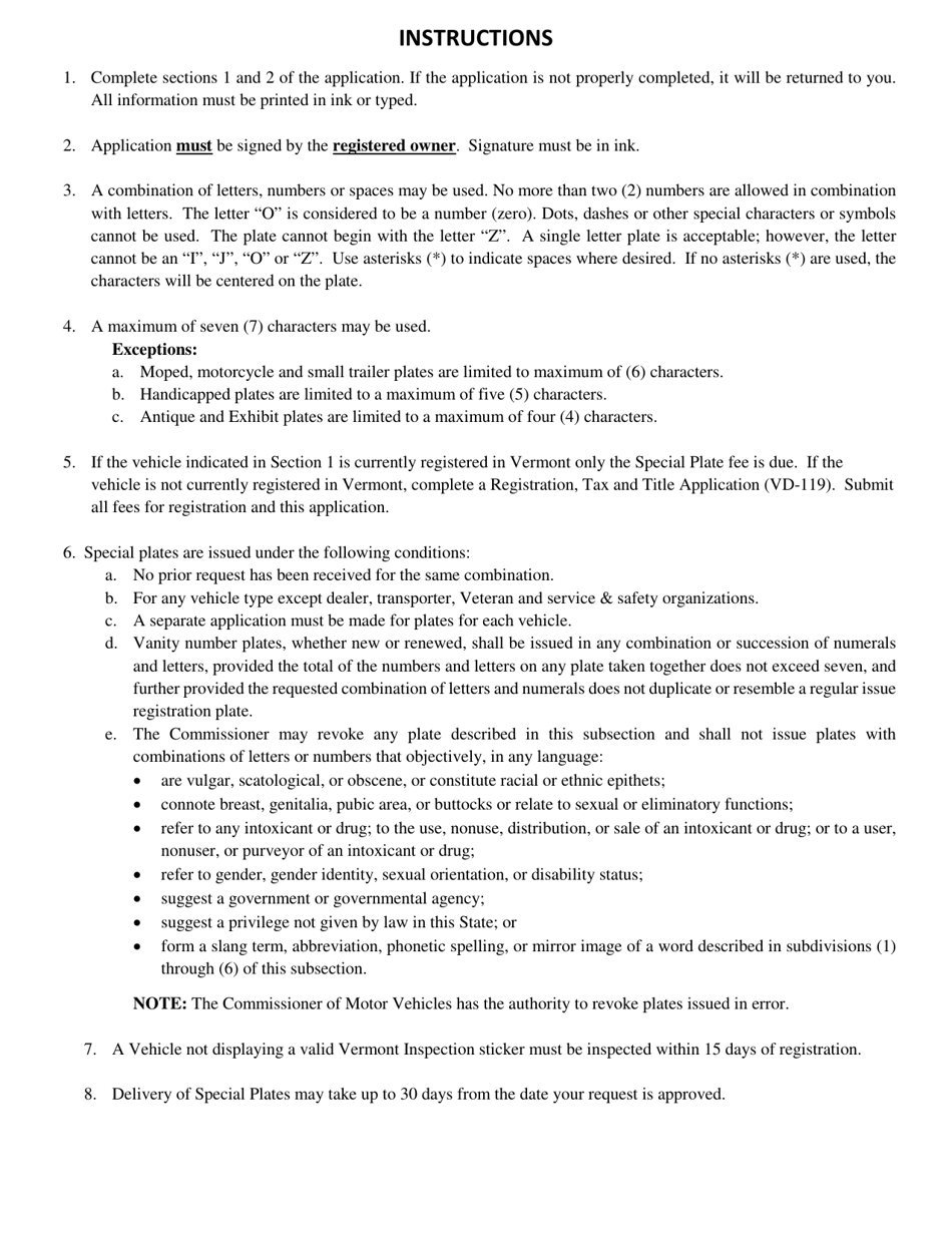Form VD-017 Special (Vanity) Plate Application - Vermont, Page 3