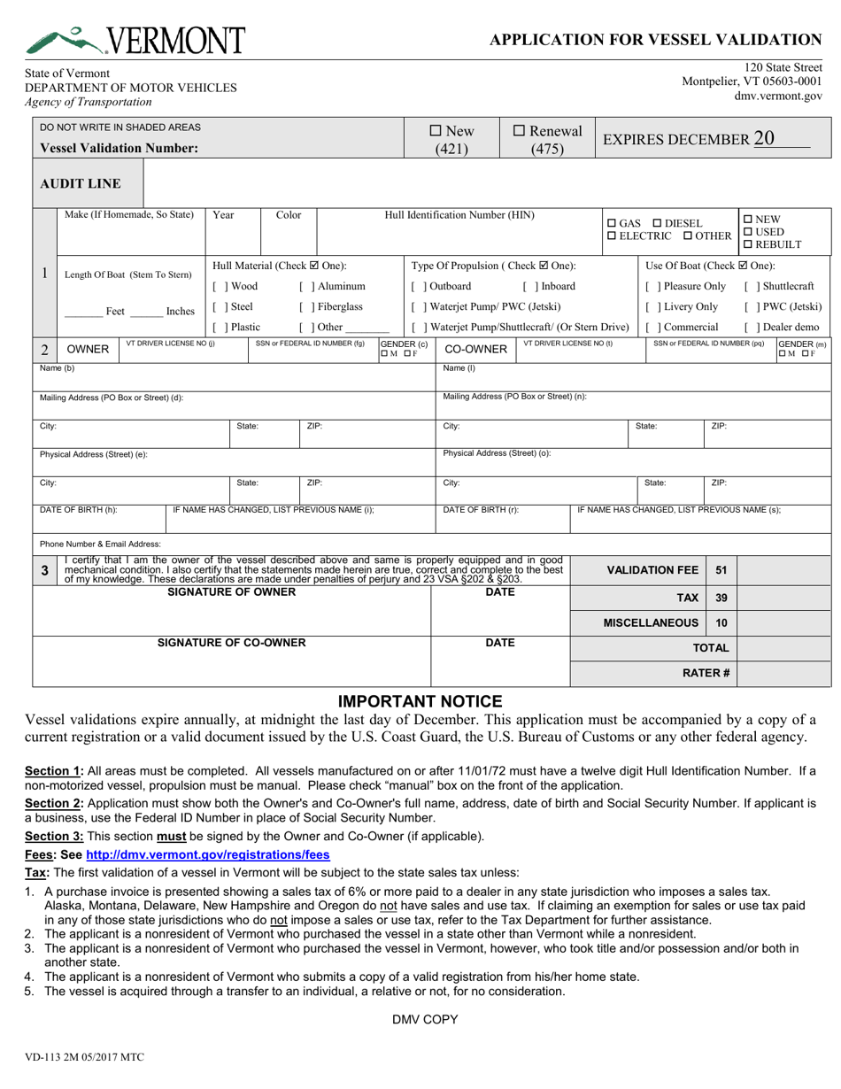 VT Form VD-113 Application for Vessel Validation - Vermont, Page 1