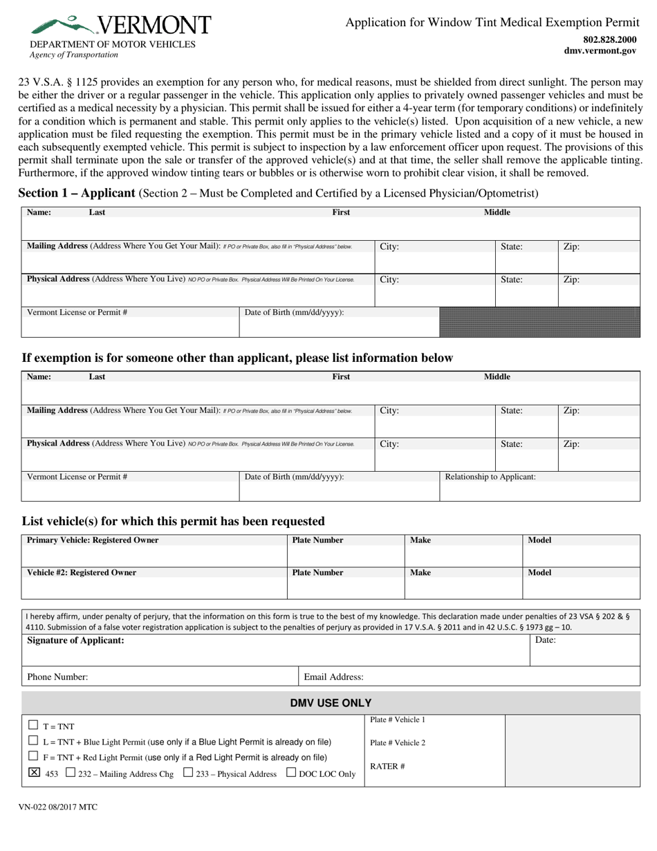 Form VN-022 - Fill Out, Sign Online and Download Fillable PDF, Vermont ...