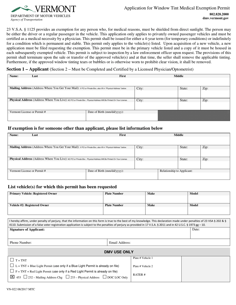Form VN-022 Application for Window Tint Medical Exemption Permit - Vermont, Page 1